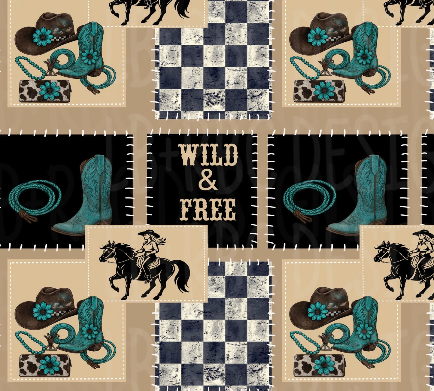 Turquoise Wild and free patchwork seamless file'