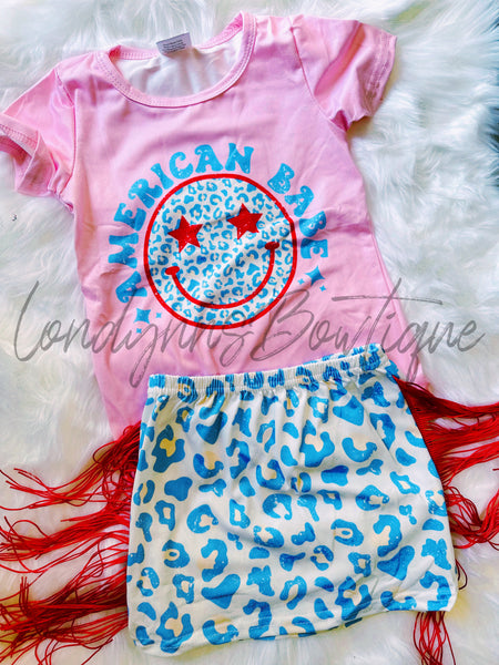 4th pink American leopard  fringe skirt outfit