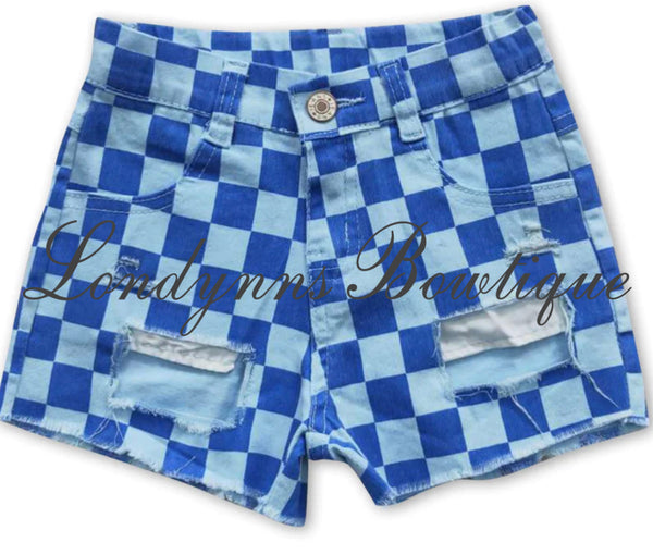 Blue checkered denim shorts