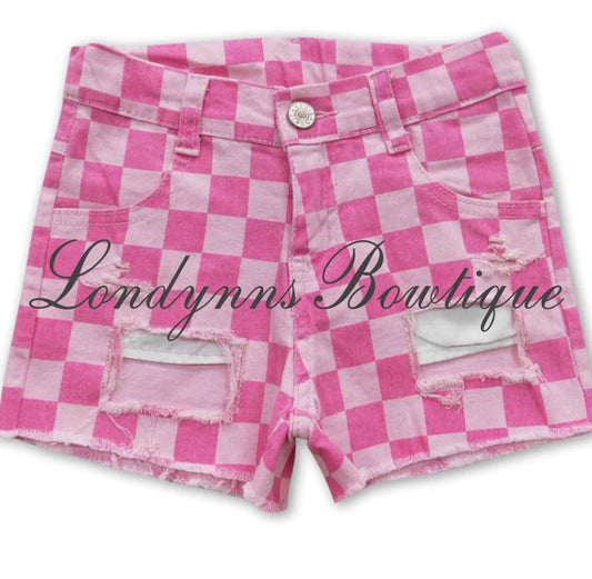 Pink checkered denim shorts