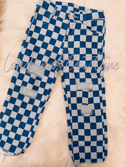 Blue checkered jean pants