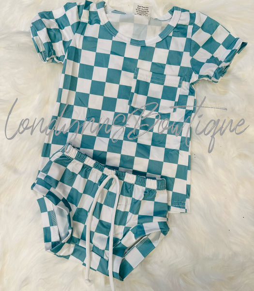 Teal & white checkered bummer outfit