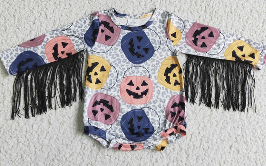 Leopard pumpkin fringe Halloween sweater romper