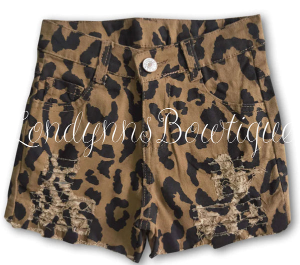 Leopard denim distressed shorts
