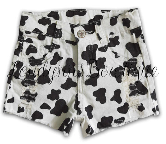 Cow print denim distressed shorts